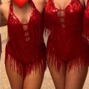 Red Satin Fringe One Piece with Lace V-Neck -new